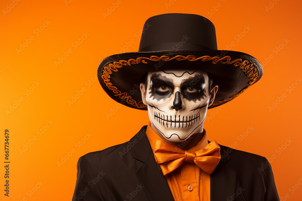 Generative AI image photography of halloween creepy personnage isolated on yellow background