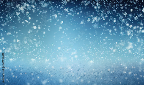 Serene winter scene with gentle snowflakes and ethereal bokeh against a deep blue sky.