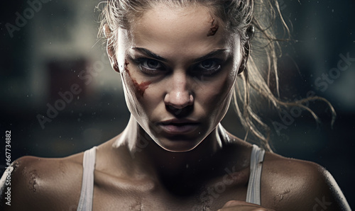 Powerful stance of a woman boxer. photo