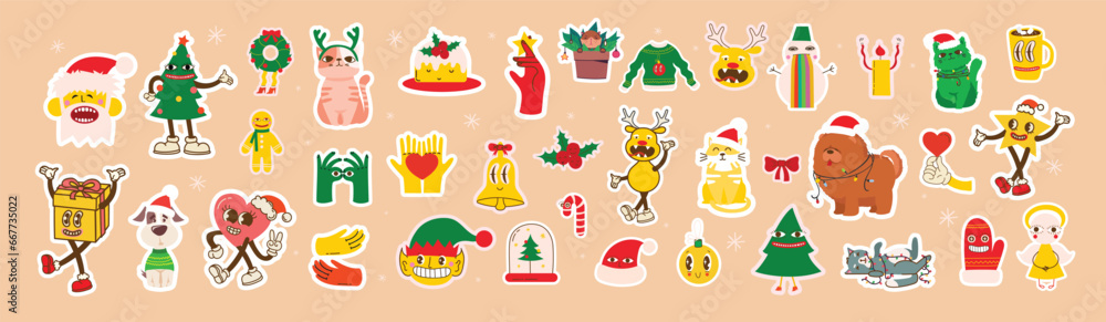 Groovy hippie Christmas stickers. Santa Claus, Christmas tree, gifts, rainbow, peace, groovy and bright, star in trendy retro cartoon style. Merry Christmas and Happy New year. - obrazy, fototapety, plakaty 
