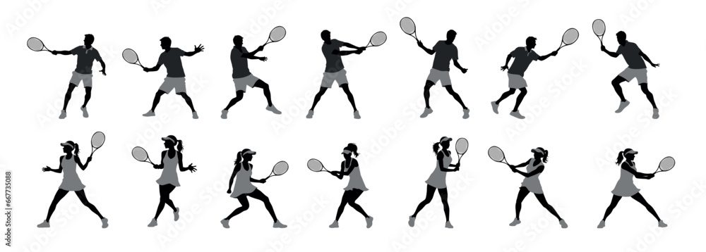 Tennis, tennis player sports person in silhouette, tennis man woman in match champion vector isolated on white