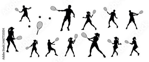 Tennis silhouettes, tennis player sports person in silhouette, tennis man woman in match champion