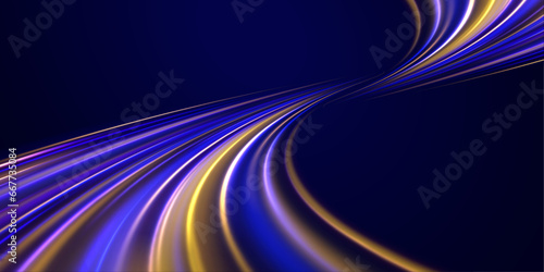 Vector illustration of high speed light effect on blue background. Abstract white and blue wave light effect. Flash luminosity line. Technology futuristic dynamic motion.