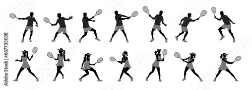 Tennis, tennis player sports person in silhouette, tennis man woman in match champion vector isolated on white