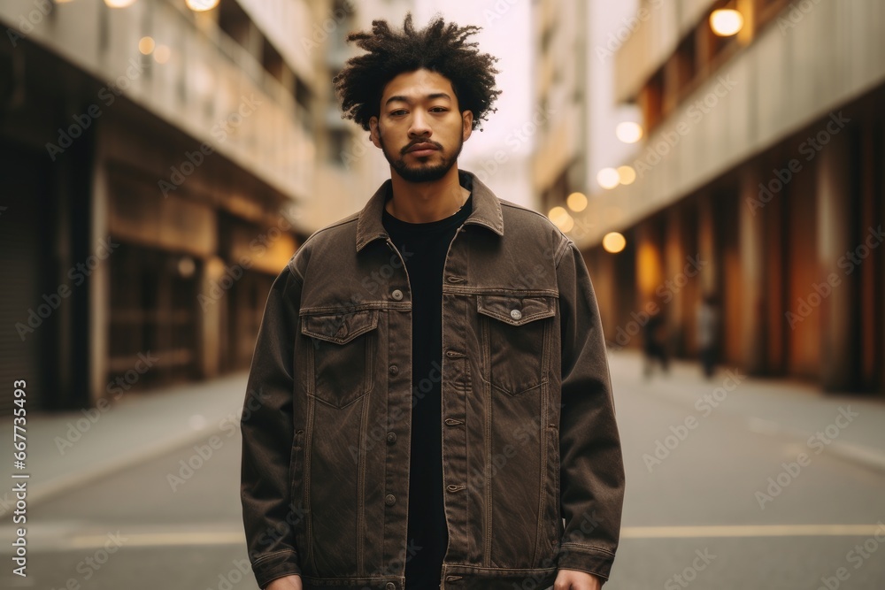Man With Stylish Hair Standing in Urban Environment