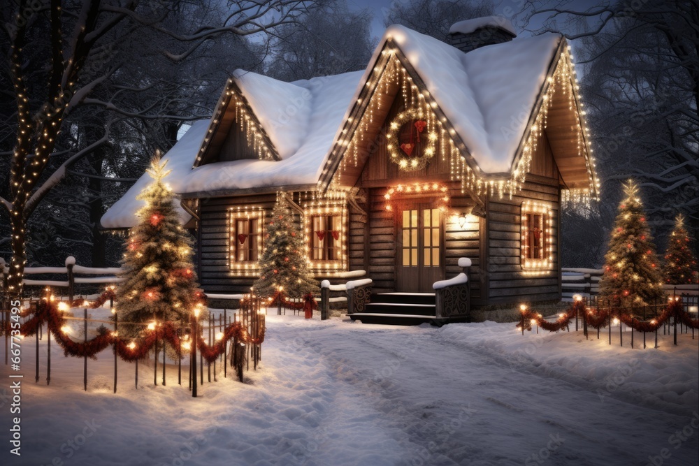 Magical Christmas Outside: Illuminated Building Exterior with Festive Lights on Winter Night