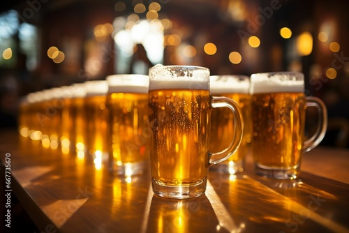 many beers are lined up in a row on the bar