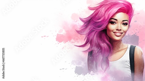Smiling Teen Black Woman with Pink Straight Hair Watercolor Illustration. Portrait of Casual Person on white background with copy space. Photorealistic Ai Generated Horizontal Illustration.