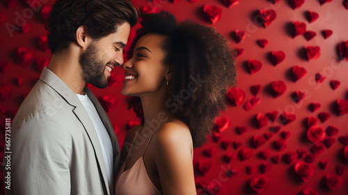Side view of young interracial couple in love in front of red Valentines background. photo