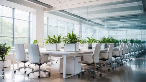 An empty office with an open-space interior. Business conference company background