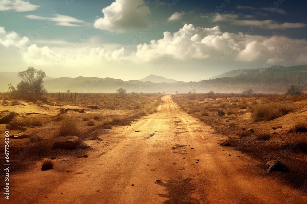 Scenic battlefield with dusty road and a sunny sky. Generative AI
