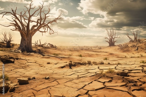 Photo An image depicting the impact of climate change on arid land with live and dead trees altering the environment