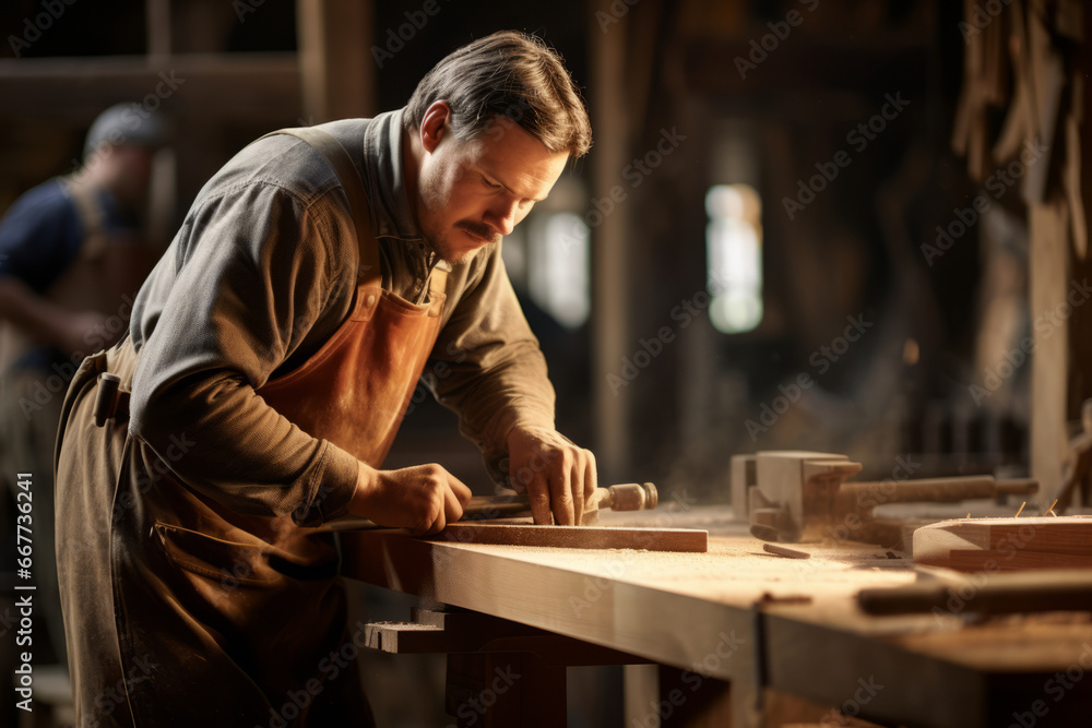 Carpenter working with equipment on wooden table in carpentry shop. Carpenter working with equipment on wooden table in carpentry shop.