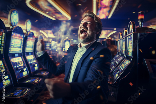Excited man celebrating winning money in the casino. Male player by the slot machines. Gambling addiction. photo