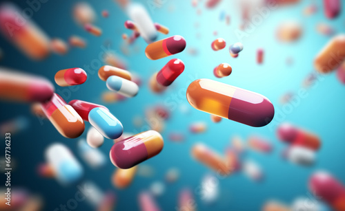 Pharmacy and medicine, antidepressants concept. Multi-colored pills and capsules of drugs flying.