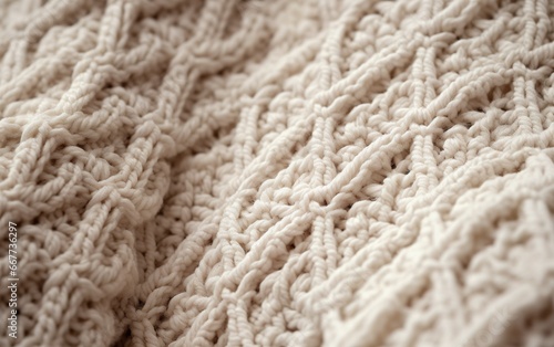 The closeup of the fine details of the beige pattern knitted fabric, Cotton or wool handmade sample background