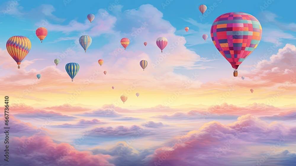 Fototapeta premium Hot air balloons floating above candy clouds