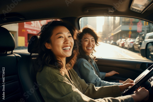 Two cheerful female friends going on a road trip together. Two beautiful women riding in a car.