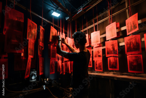 Silhouette of a photographer developing photos in a dark room. Man hanging printed photos in red lighted room. Old style photography. photo