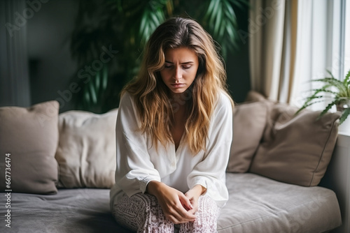 Depression and melancholia. Depressed young adult woman at home. Mental illness.