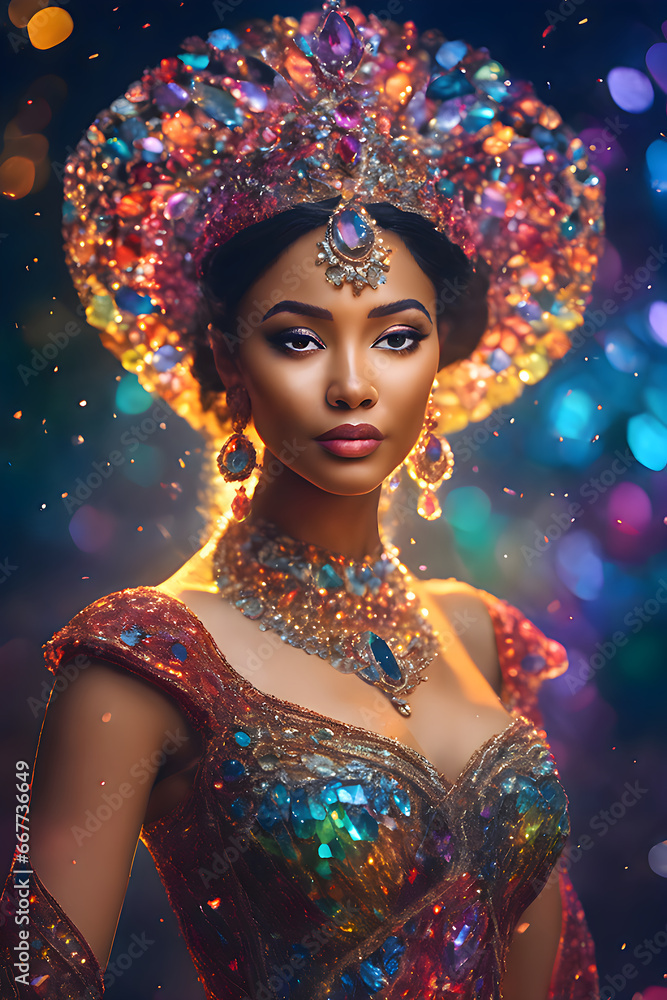 oil portrait of a beautiful black princess in a bejeweled gown and headdress in vibrant gemstone colors and hues oil portrait of a beautiful black princess in a bejeweled gown and headdress in vibrant gemstone colors and hues