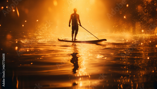 Paddle board background. Silhouette of a man on a paddleboard on golden coloured water and abstract golden background.