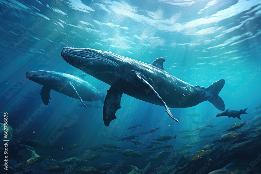 Fototapeta premium A Majestic Humpback Whale Gliding Through the Vast Ocean Depths