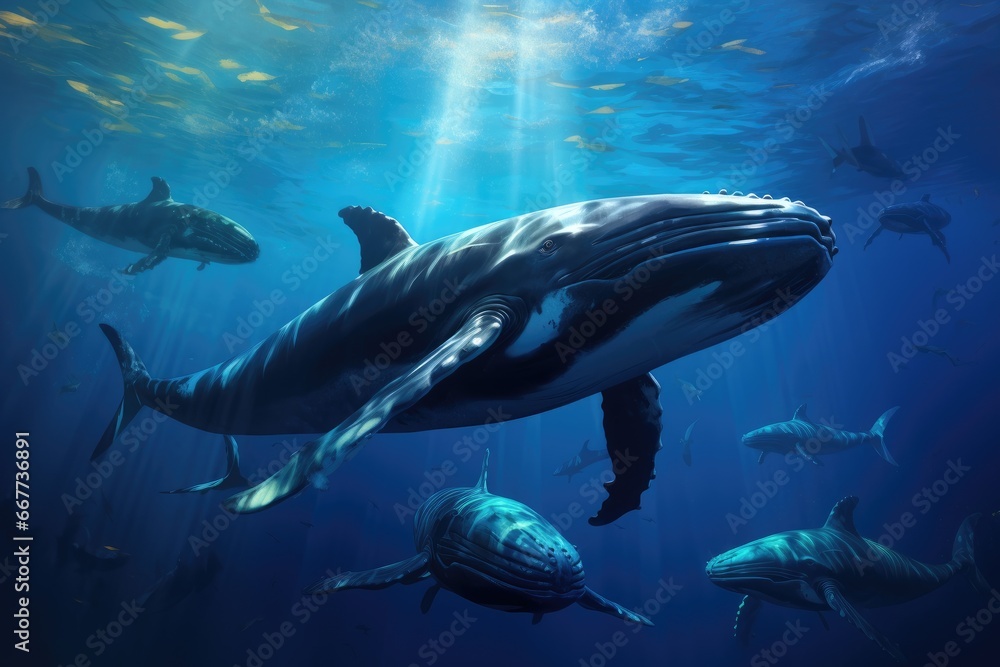 Obraz premium A Majestic Pod of Humpback Whales Gracefully Gliding Through the Ocean Depths
