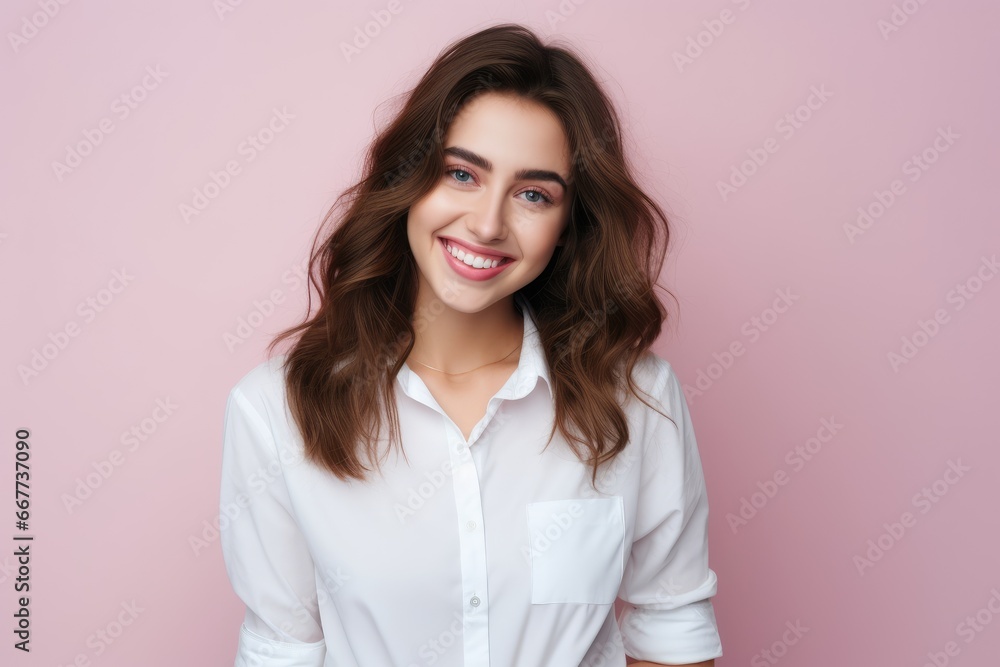 Smiling Woman with Confidence and Style in Front of Vibrant Pink Wall Smiling Woman with Confidence and Style in Front of Vibrant Pink Wall