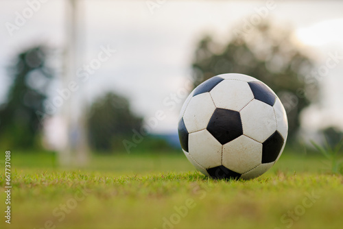 Close-up ball on green grass field for street soccer football sport game. © nateejindakum
