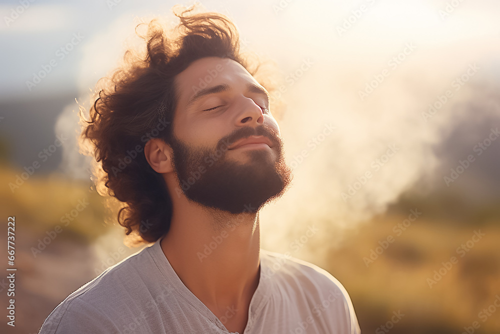 the portrait of a young adult man tilts his head up and closes his eyes while breathing fresh air in the natural atmosphere of the forest and blue sky, Generative AI. - obrazy, fototapety, plakaty 