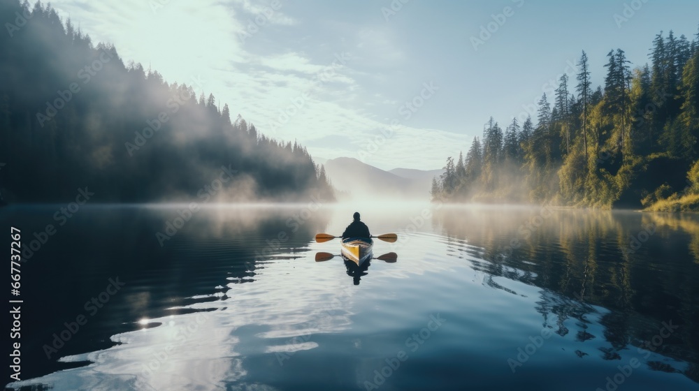 backpacker enjoying a beautiful lake surrounded by mountains in kayak generative ai