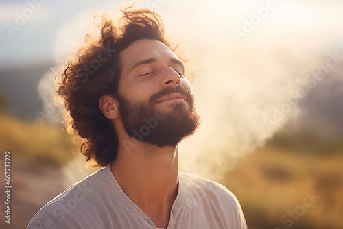 the portrait of a young adult man tilts his head up and closes his eyes while breathing fresh air in the natural atmosphere of the forest and blue sky, Generative AI. photo