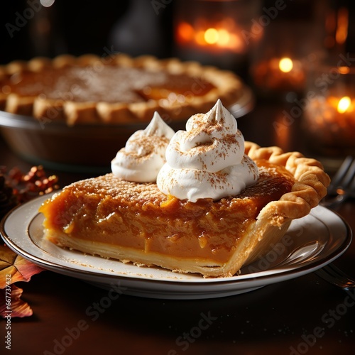 Closeup of a piece of a pumpkin pie topped with whipped cream, ai generative
