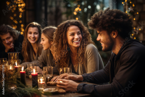 Group of cheerful friends having fun eating Christmas dinner together by decorated table. Young people having a get together on winter night. photo