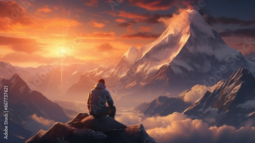 person watching a beautiful sunset from the snowy mountains generative ai © Francheska