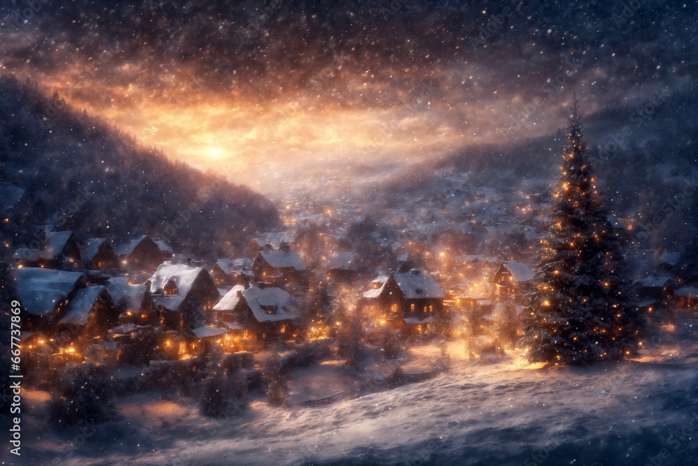 city street, houses are decorated with lights and Christmas trees in winter, New Year holiday, everything is covered with snow, cloudy sky at sunset, blizzard city street, houses are decorated with lights and Christmas trees in winter, New Year holiday, everything is covered with snow, cloudy sky at sunset, blizzard