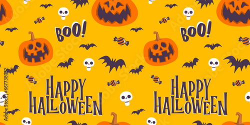 Halloween seamless pattern with carved pumpkins and bats. Cheerful spooky illustrations.