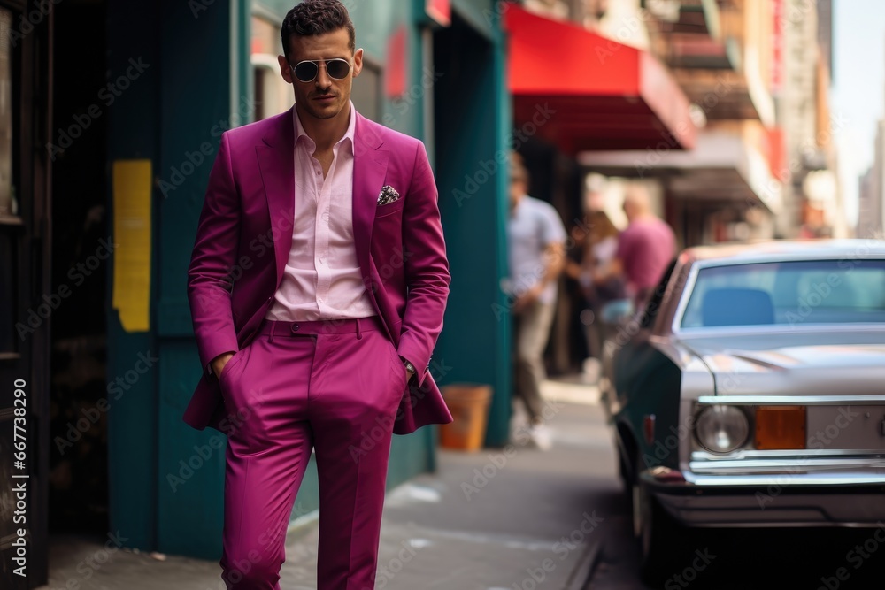 A Dapper Gentleman Strolling Through the City in Vibrant Purple