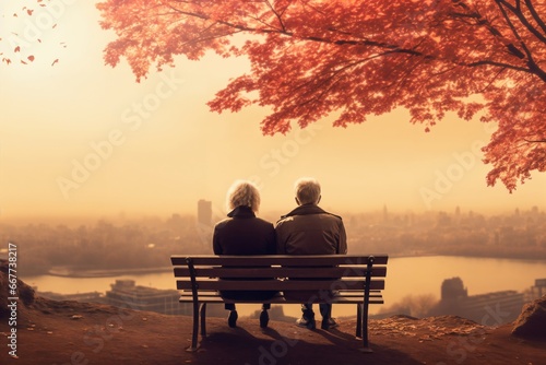 an elderly couple, a man and a woman, are sitting on a bench and enjoying the scenery, beautiful landscape at sunset, rear view © soleg