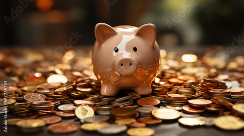 Piggy Bank With Money Coins on Focused Foreground Fantasy Background