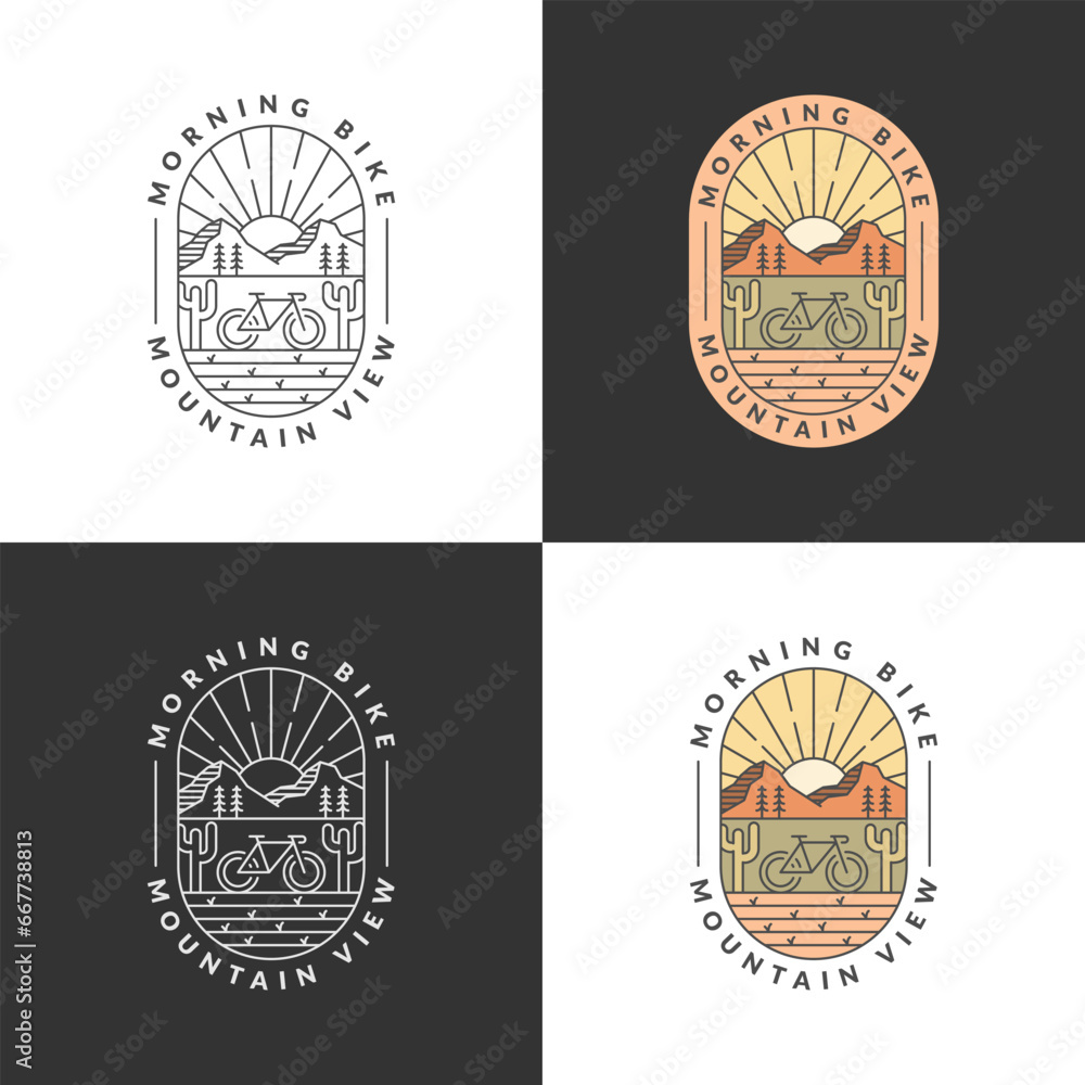 Set of mountain and bicycle monoline or line art style vector illustration