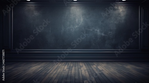 Black wall background with wooden floor and white lamp with copy space, AI generative photo