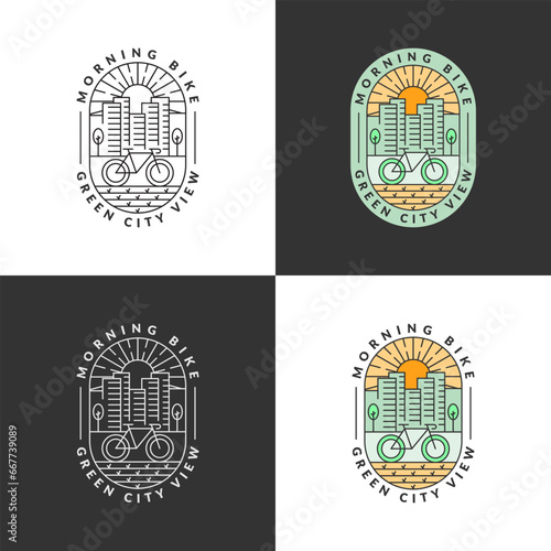 Set of morning city and bicycle monoline or line art style vector illustration