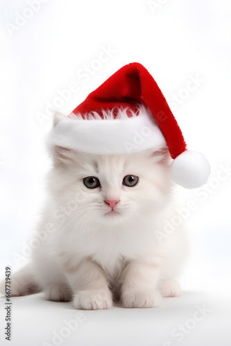 White fluffy kitten in Santa Claus Christmas red hat on white background