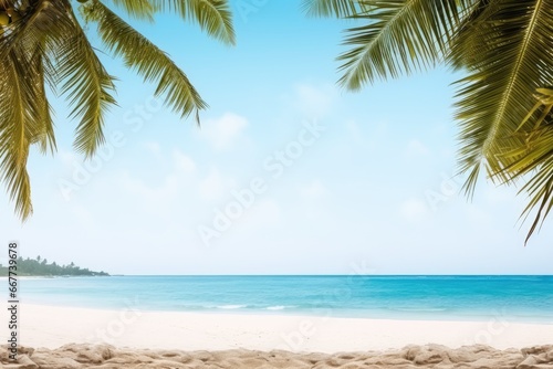 Frame the summer beach view with coconut trees.