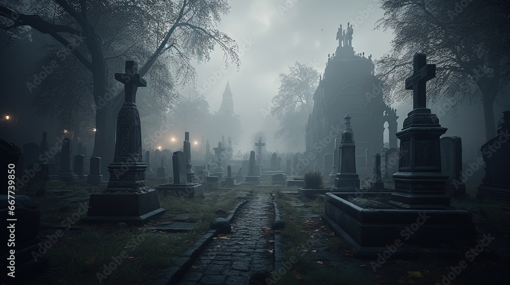 Large Medieval Cemetery Hidden in Misty Dark Stormy Skies in Background - obrazy, fototapety, plakaty 
