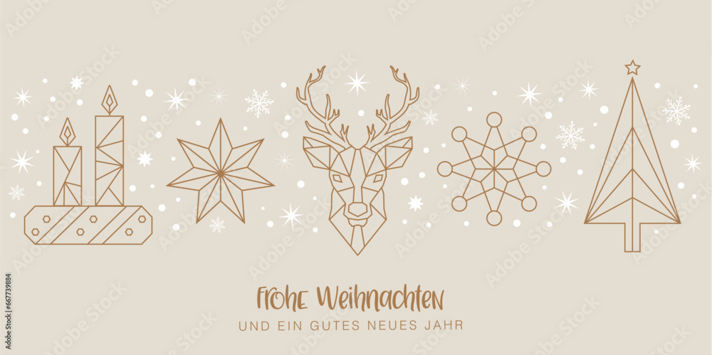 Frohe Weihnachten und ein gutes neues Jahr - Stern, Kerzen, Rentier und Weihnachtsbaum - Grußkarte mit Ornamenten auf kupferfarbenem Hintergrund. Deutscher Text - obrazy, fototapety, plakaty 