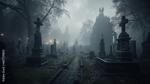 Large Medieval Cemetery Hidden in Misty Dark Stormy Skies in Background