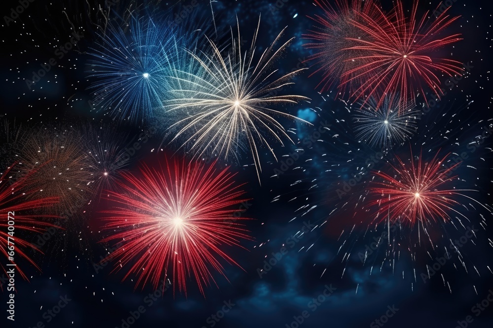 Multicolored festival celebration fireworks background at night time